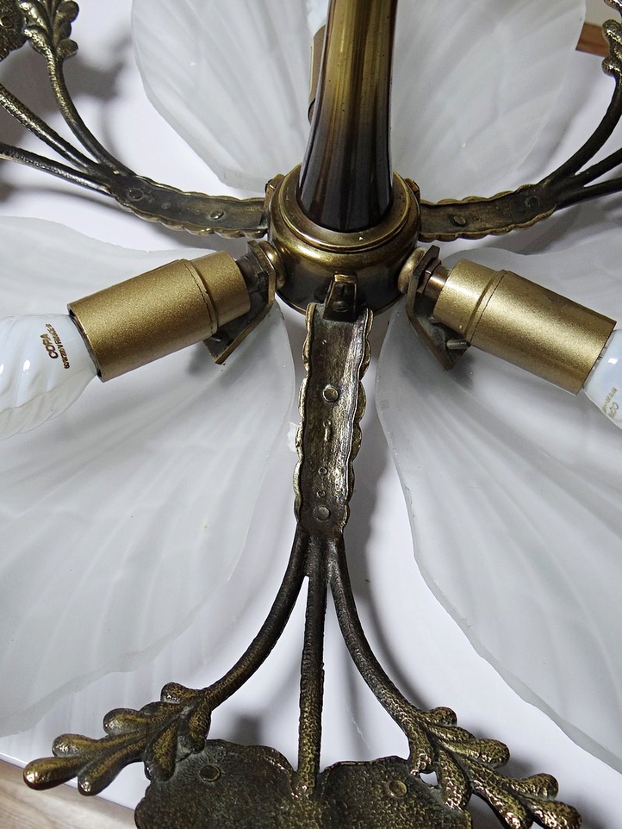 Vintage 1980s-90s Hollywood Regency Art Deco Bronze Mariner Seashell Chandelier-photo-6