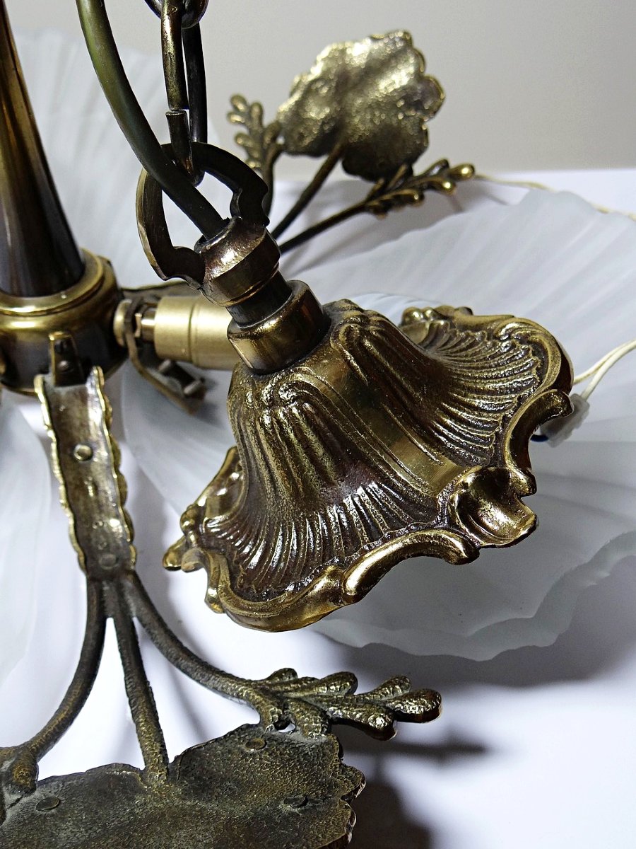 Vintage 1980s-90s Hollywood Regency Art Deco Bronze Mariner Seashell Chandelier-photo-7