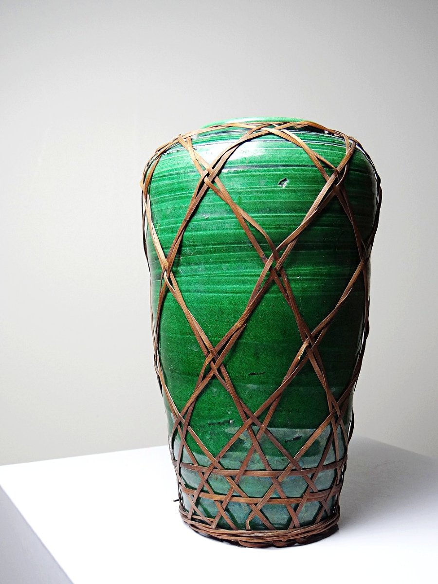 Antique Japanese Green Ceramic Vase With Awaji Yaki Bamboo Lacing, 1900-1930-photo-2