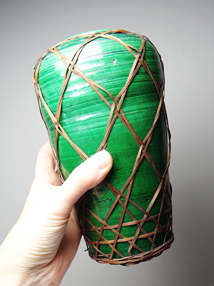 Antique Japanese Green Ceramic Vase With Awaji Yaki Bamboo Lacing, 1900-1930-photo-4