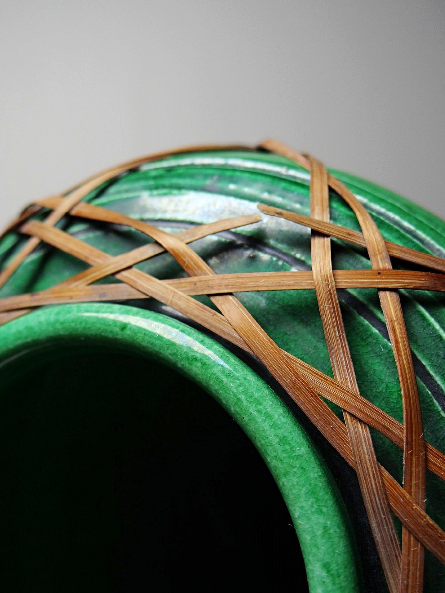 Antique Japanese Green Ceramic Vase With Awaji Yaki Bamboo Lacing, 1900-1930-photo-2