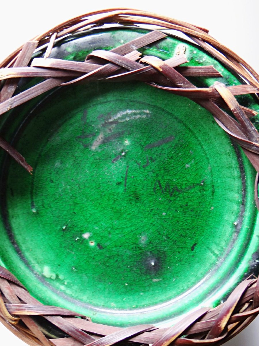 Antique Japanese Green Ceramic Vase With Awaji Yaki Bamboo Lacing, 1900-1930-photo-4