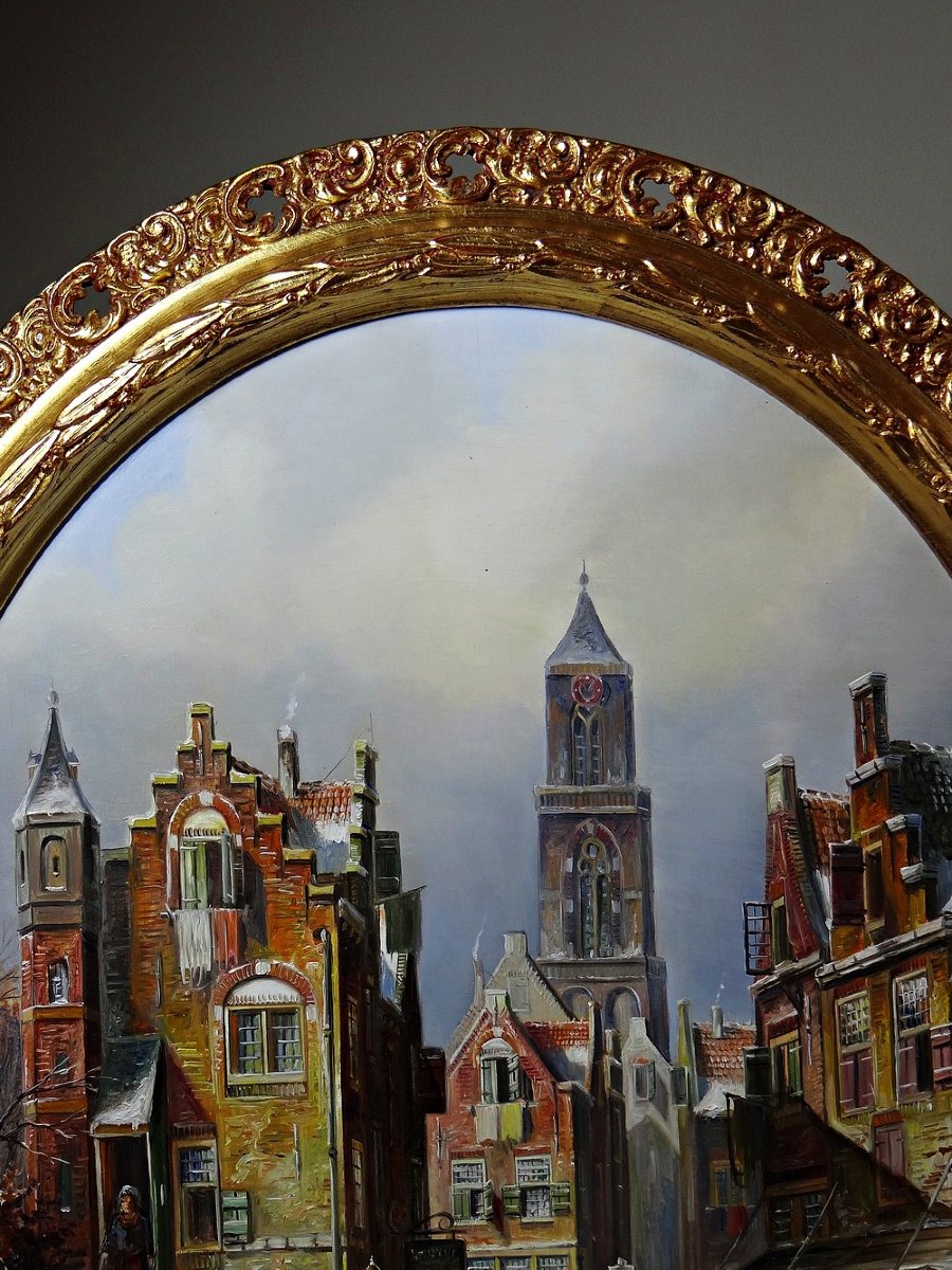 Grand tableau scène urbaine huile sur bois encadré John Haanstra vintage-photo-2