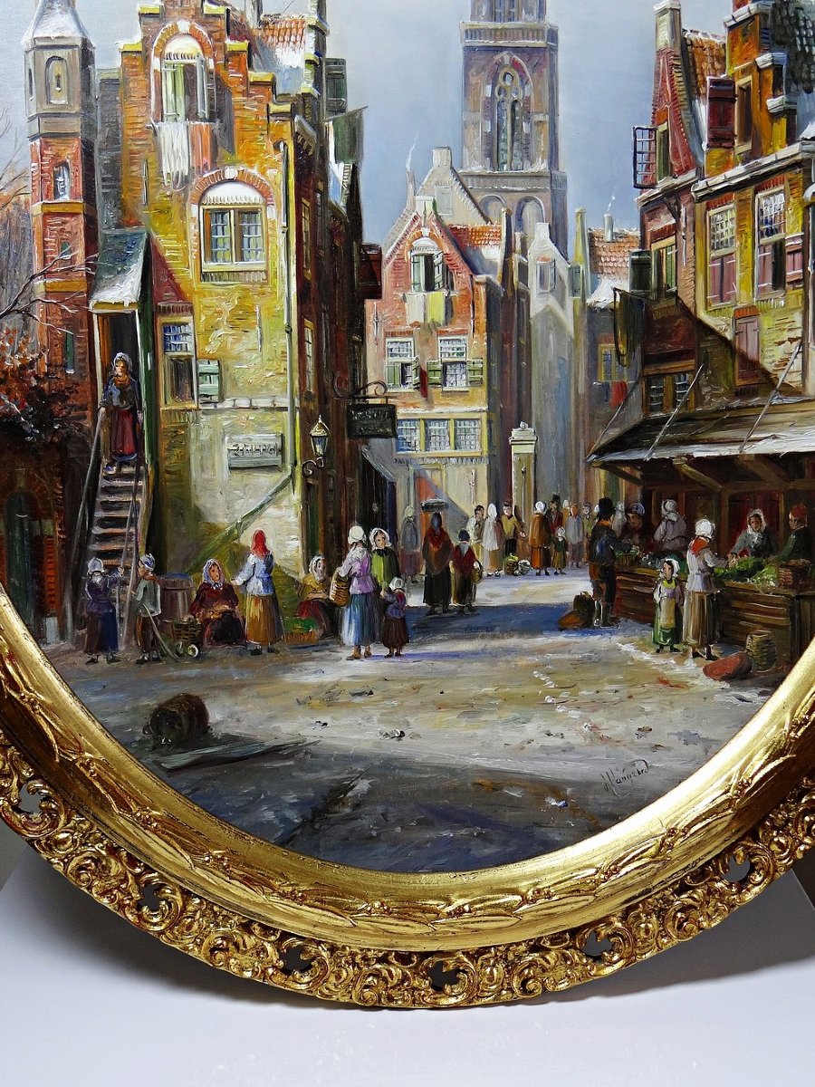 Grand tableau scène urbaine huile sur bois encadré John Haanstra vintage-photo-3