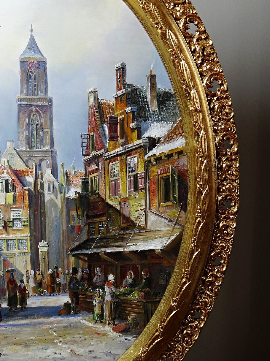 Grand tableau scène urbaine huile sur bois encadré John Haanstra vintage-photo-1