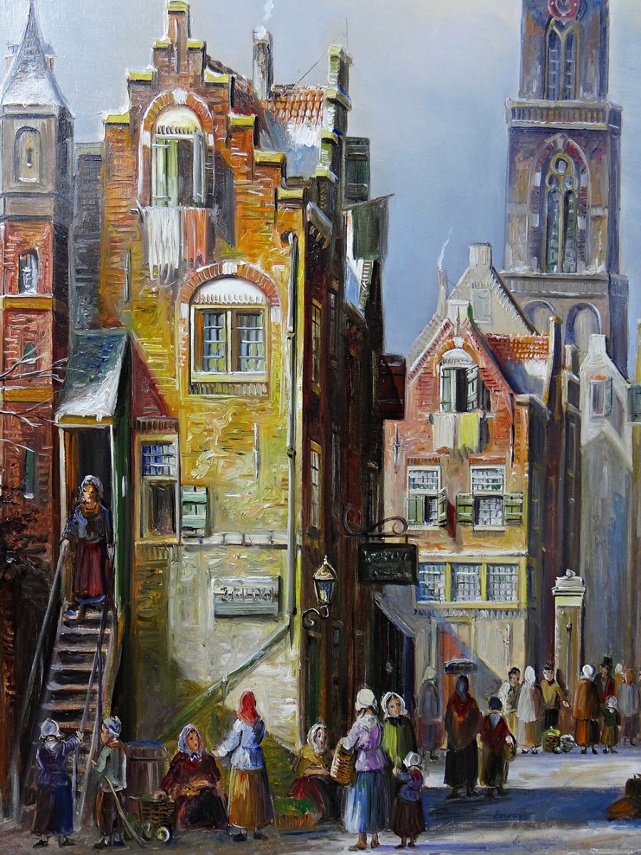 Grand tableau scène urbaine huile sur bois encadré John Haanstra vintage-photo-4