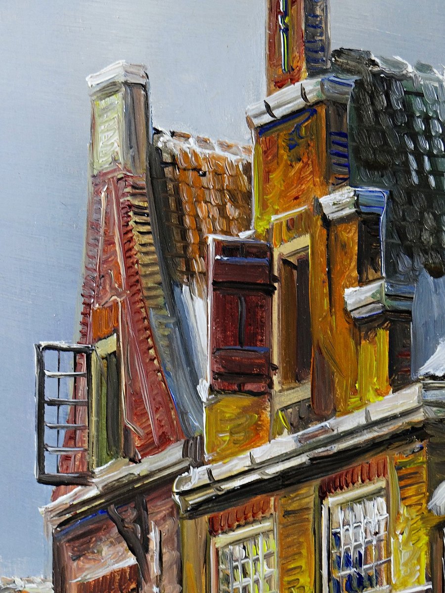 Grand tableau scène urbaine huile sur bois encadré John Haanstra vintage-photo-7