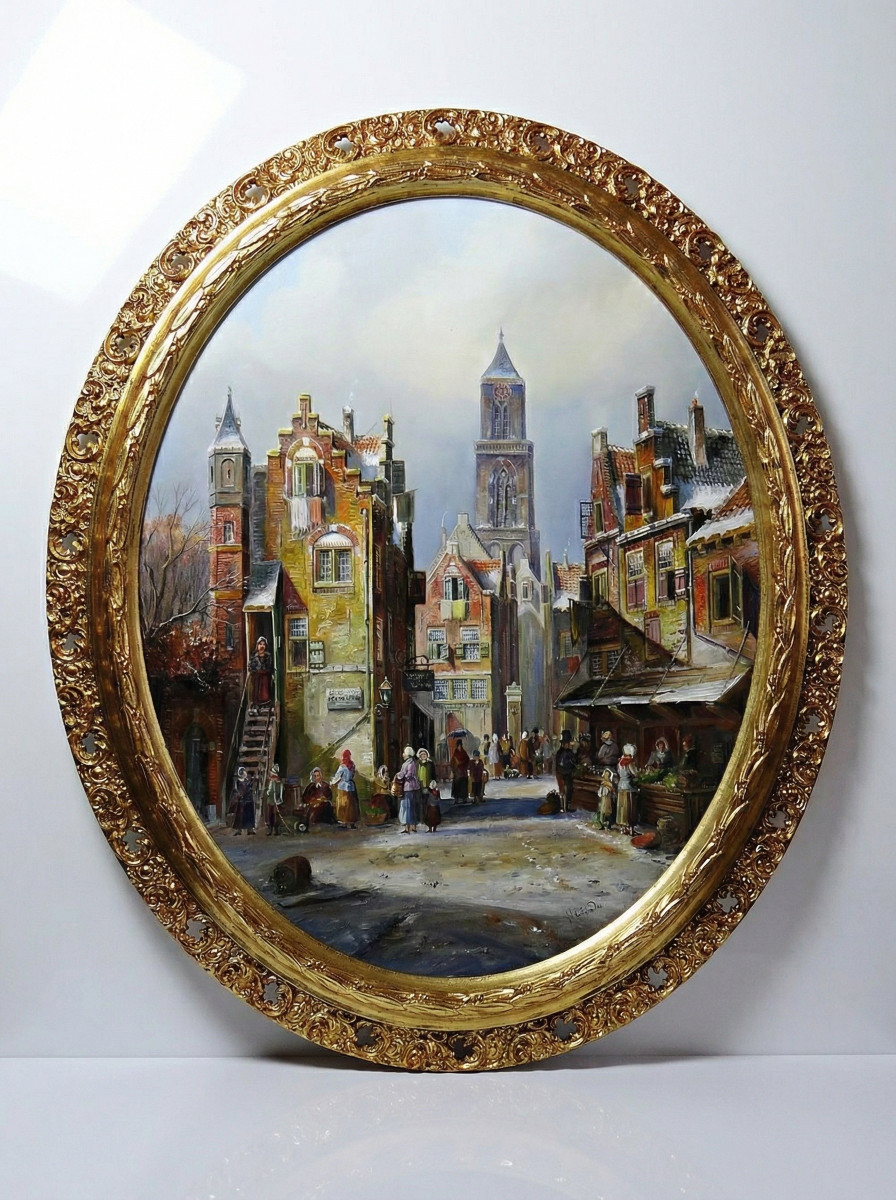 Grand tableau scène urbaine huile sur bois encadré John Haanstra vintage