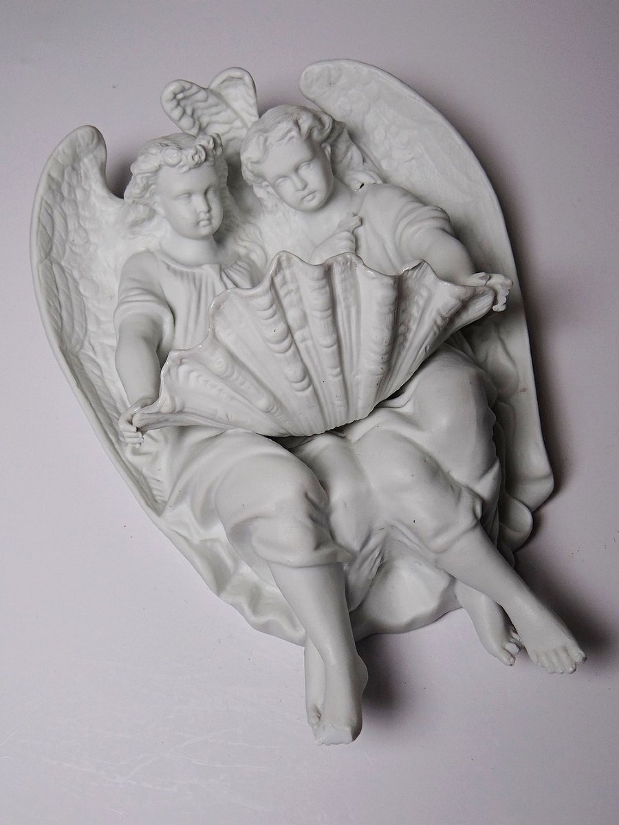 Fine Bisque Porcelain Holy Water Font With Two Angels, Antique, 1900-1930, Germany-photo-2