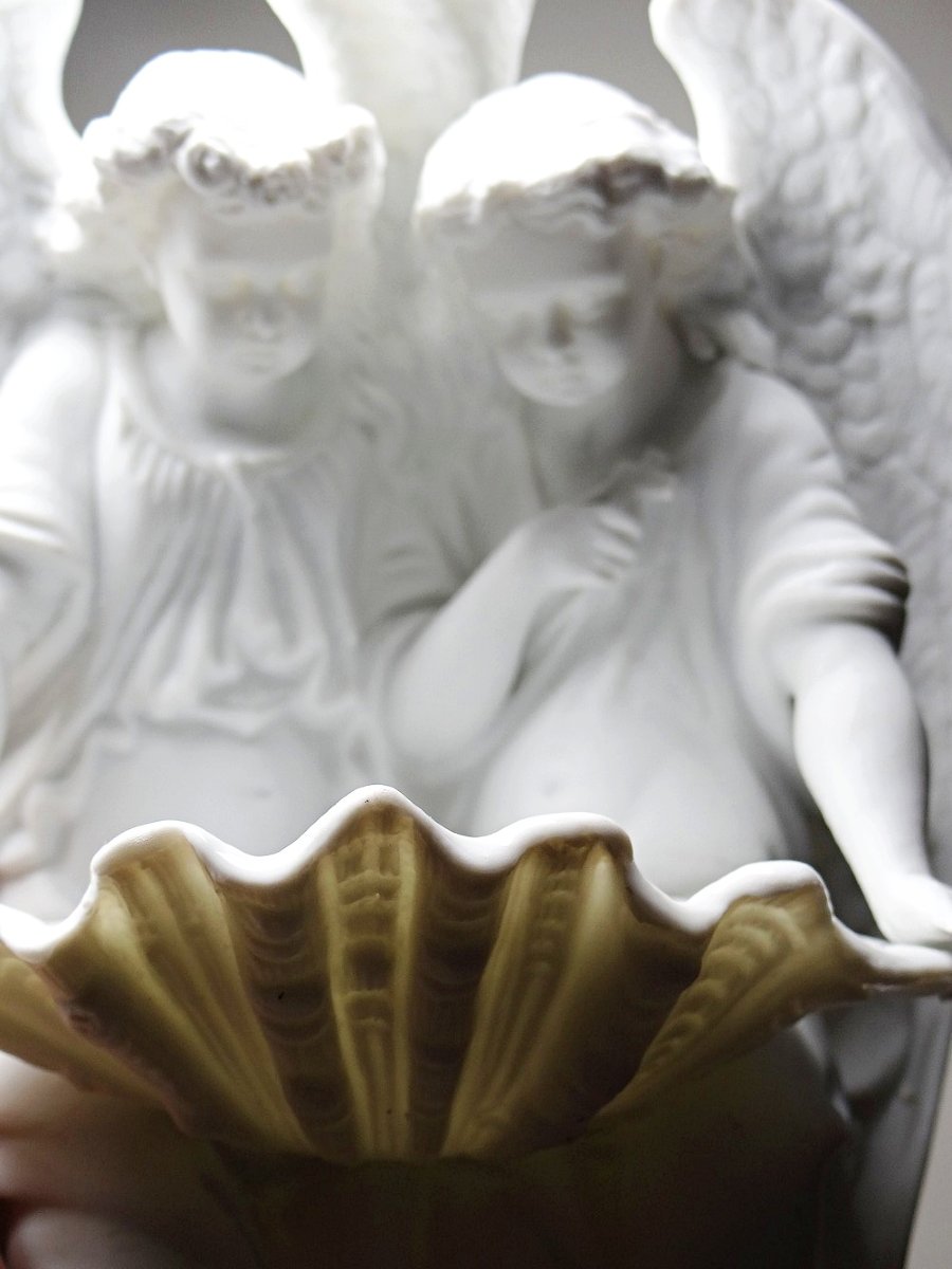 Fine Bisque Porcelain Holy Water Font With Two Angels, Antique, 1900-1930, Germany-photo-3