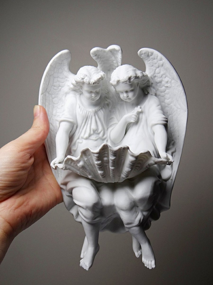 Fine Bisque Porcelain Holy Water Font With Two Angels, Antique, 1900-1930, Germany-photo-4