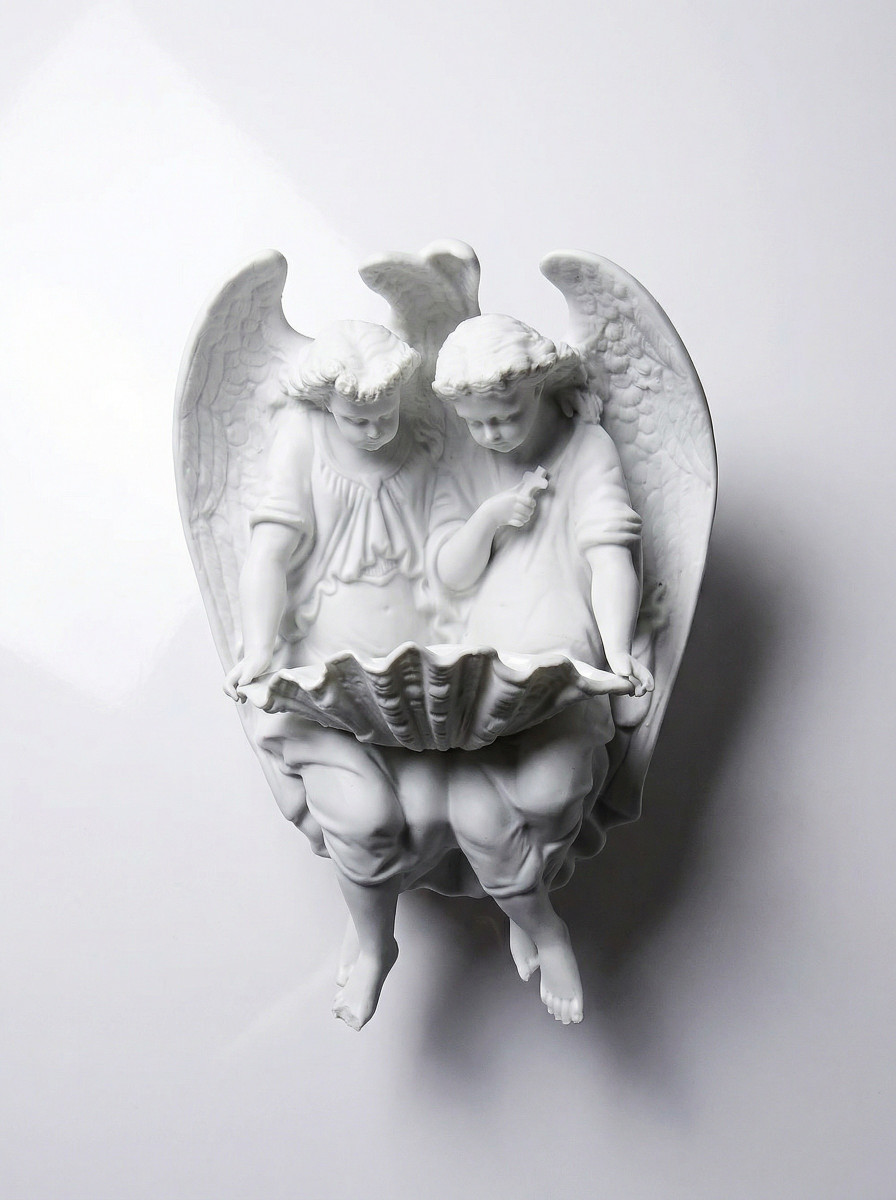 Fine Bisque Porcelain Holy Water Font With Two Angels, Antique, 1900-1930, Germany