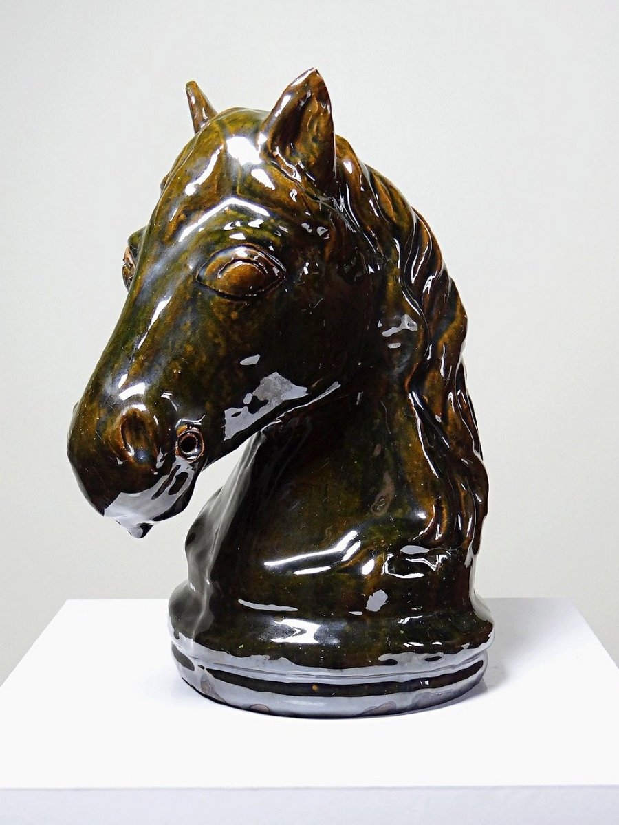 Vintage 1980s Glazed Terracotta Horse Or Chess Knight Head-photo-2