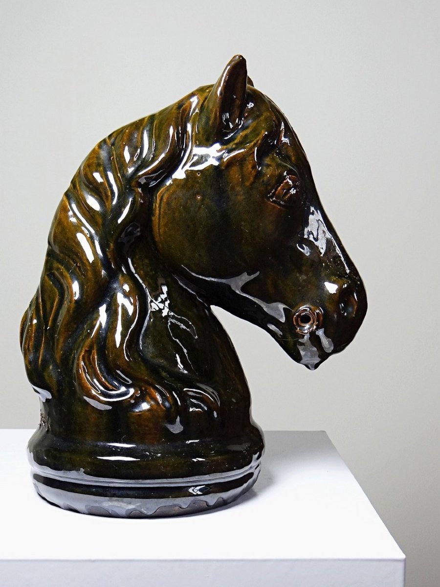 Vintage 1980s Glazed Terracotta Horse Or Chess Knight Head-photo-3