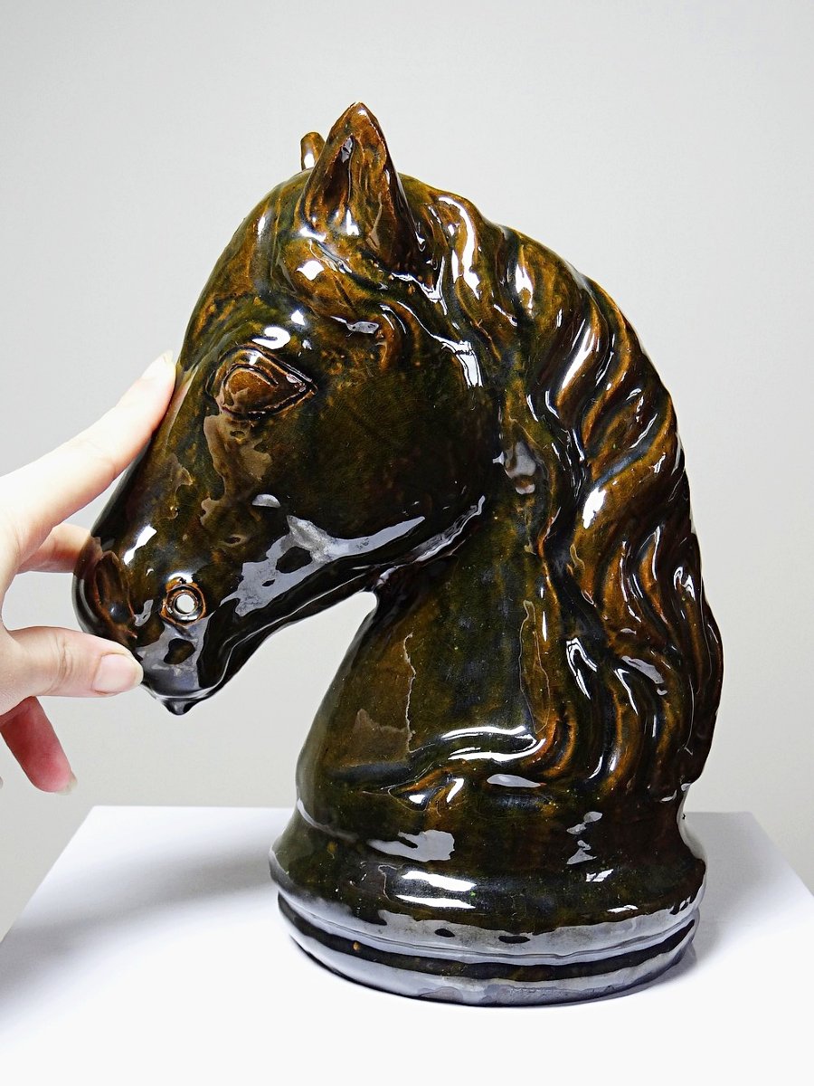 Vintage 1980s Glazed Terracotta Horse Or Chess Knight Head-photo-4