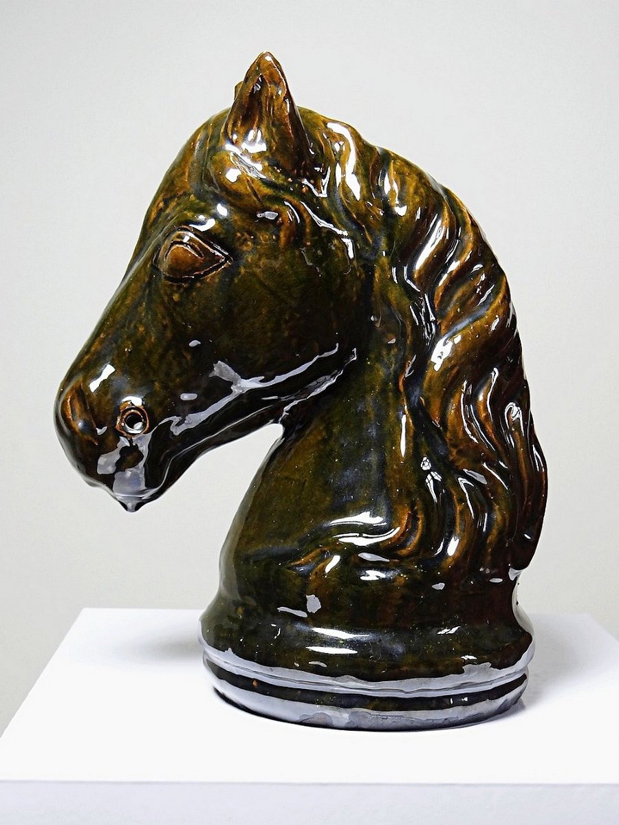Vintage 1980s Glazed Terracotta Horse Or Chess Knight Head-photo-2