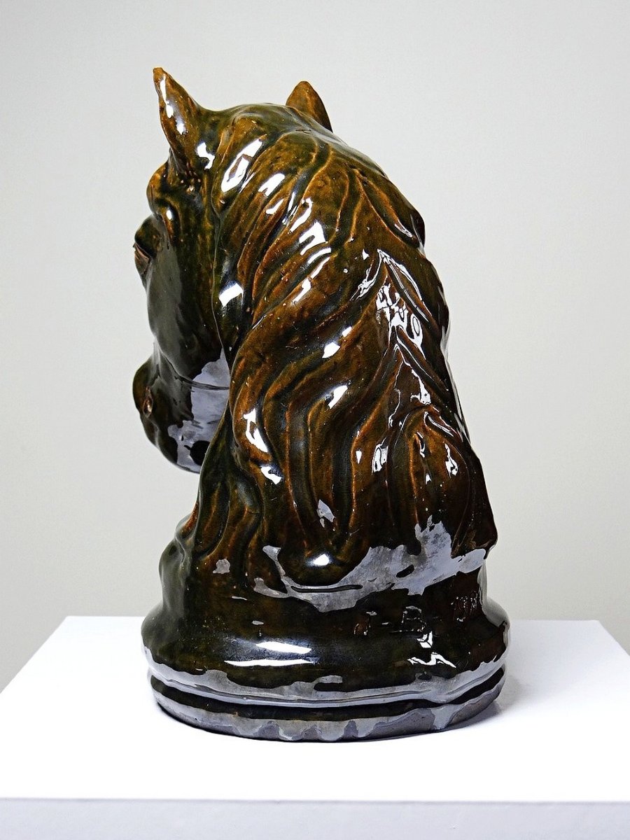 Vintage 1980s Glazed Terracotta Horse Or Chess Knight Head-photo-3