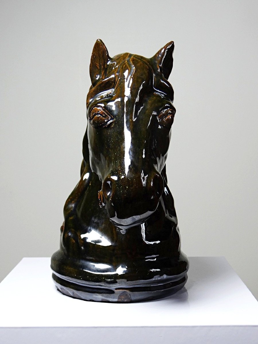 Vintage 1980s Glazed Terracotta Horse Or Chess Knight Head-photo-4