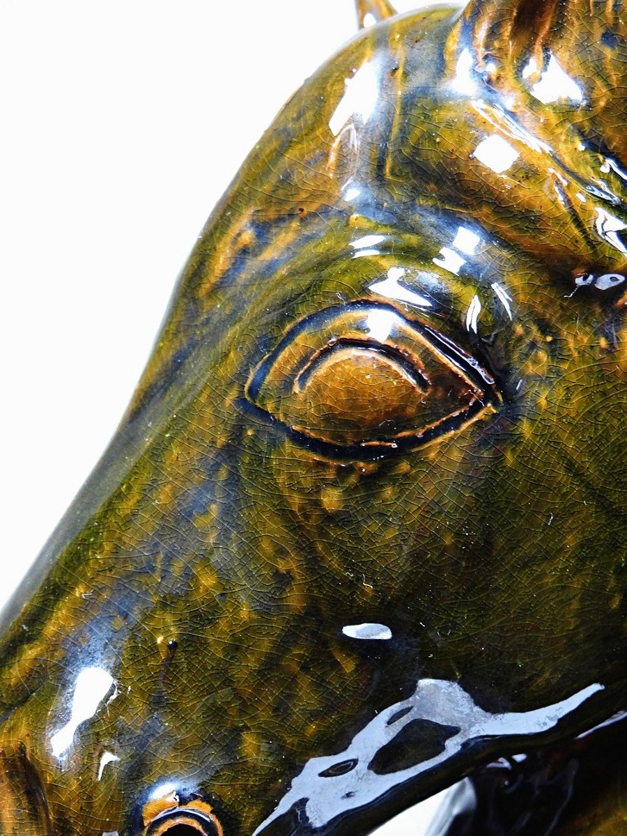 Vintage 1980s Glazed Terracotta Horse Or Chess Knight Head-photo-6