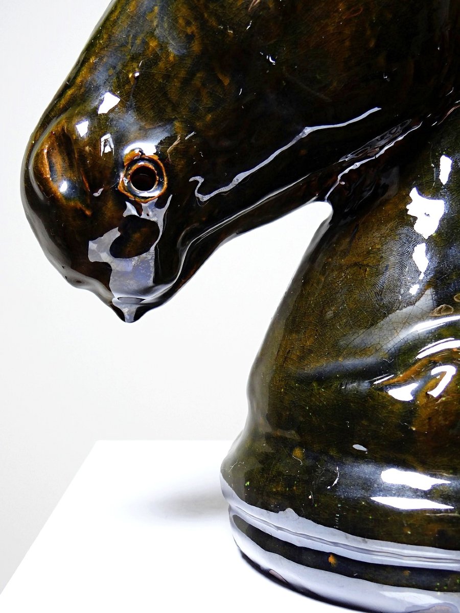 Vintage 1980s Glazed Terracotta Horse Or Chess Knight Head-photo-7