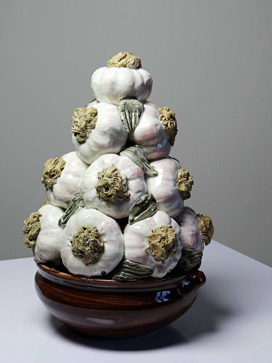 Vintage Trompe-l'oeil Pyramid Of Garlic In Glazed Ceramic, Manises, Spain, 1960-1970-photo-3
