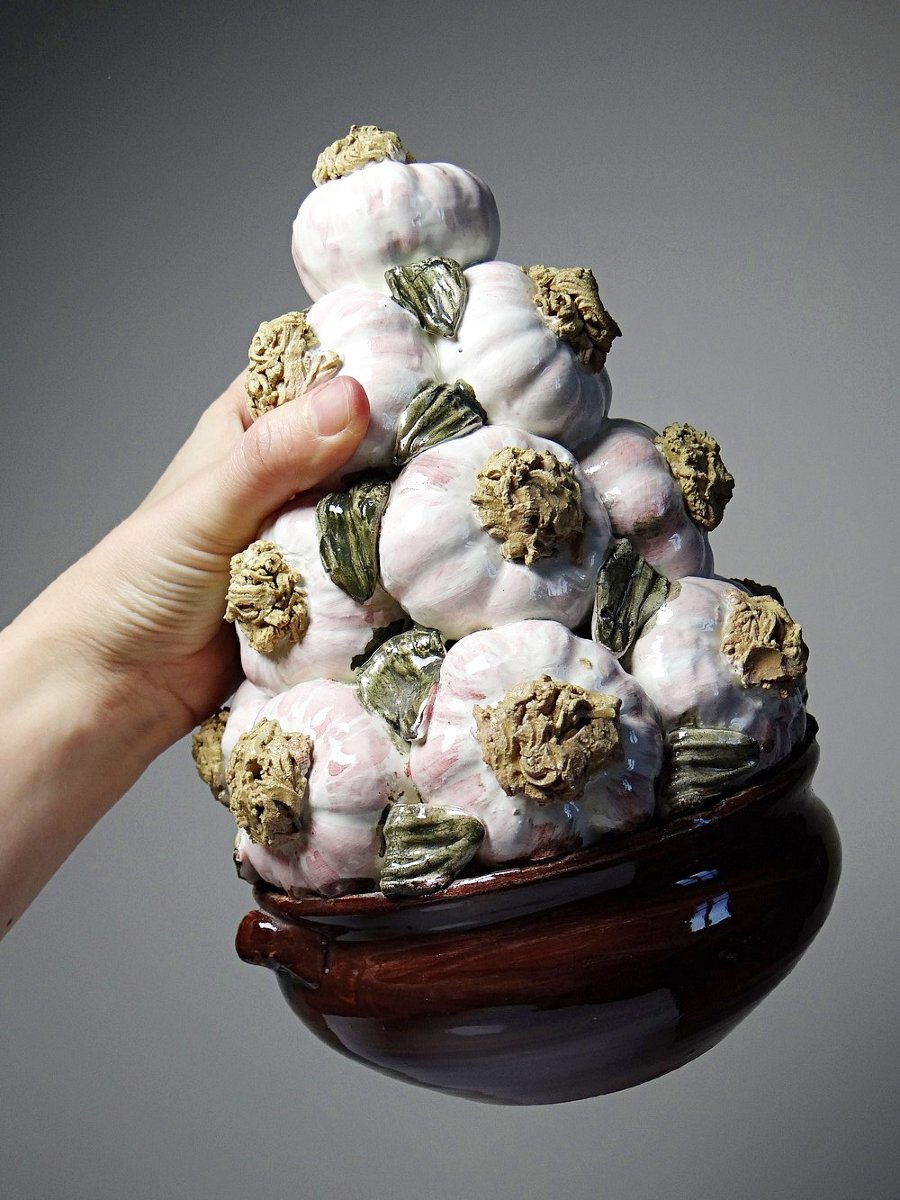 Vintage Trompe-l'oeil Pyramid Of Garlic In Glazed Ceramic, Manises, Spain, 1960-1970-photo-4