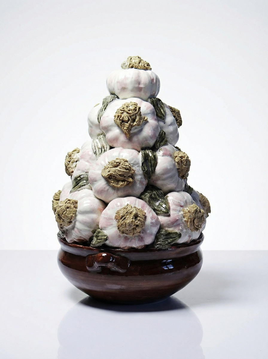 Vintage Trompe-l'oeil Pyramid Of Garlic In Glazed Ceramic, Manises, Spain, 1960-1970