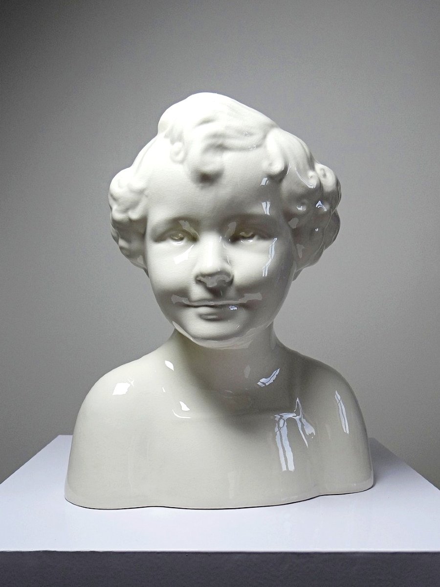 Rare grand buste en faïence de Sarreguemines Art Déco ancien-photo-2