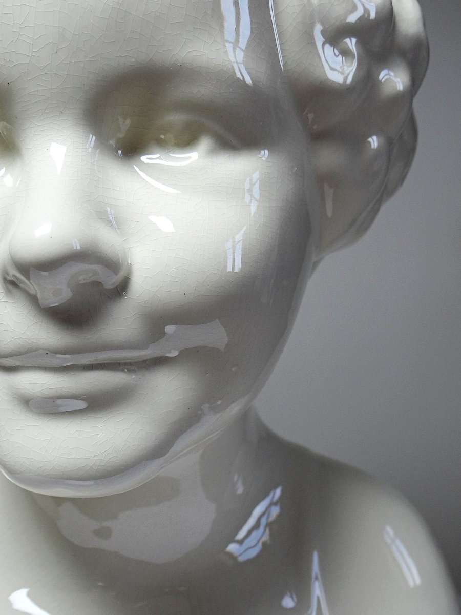 Rare grand buste en faïence de Sarreguemines Art Déco ancien-photo-2