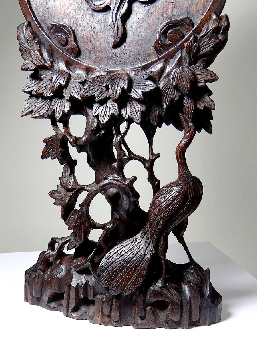 Large 19th-century Asian Carved Wood Table Screen Panel-photo-3