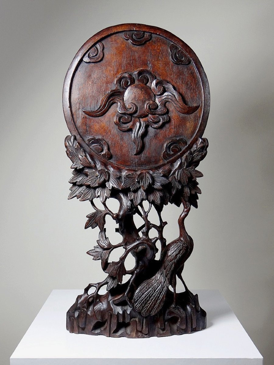 Large 19th-century Asian Carved Wood Table Screen Panel-photo-1