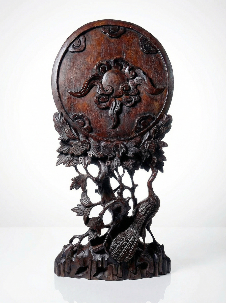 Large 19th-century Asian Carved Wood Table Screen Panel