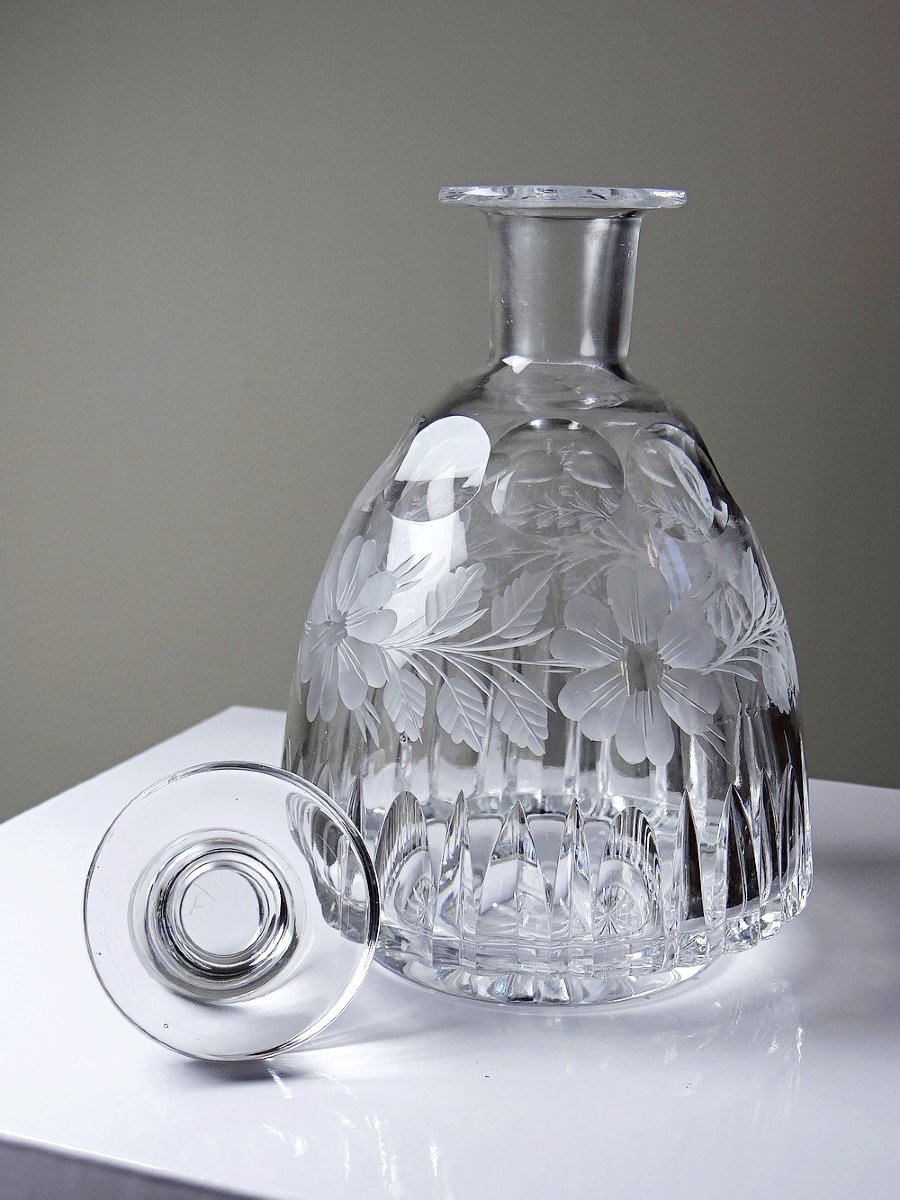 Antique Cut And Chiseled Crystal Decanter With Floral Decoration, Bohemia, 19th-20th Century-photo-2