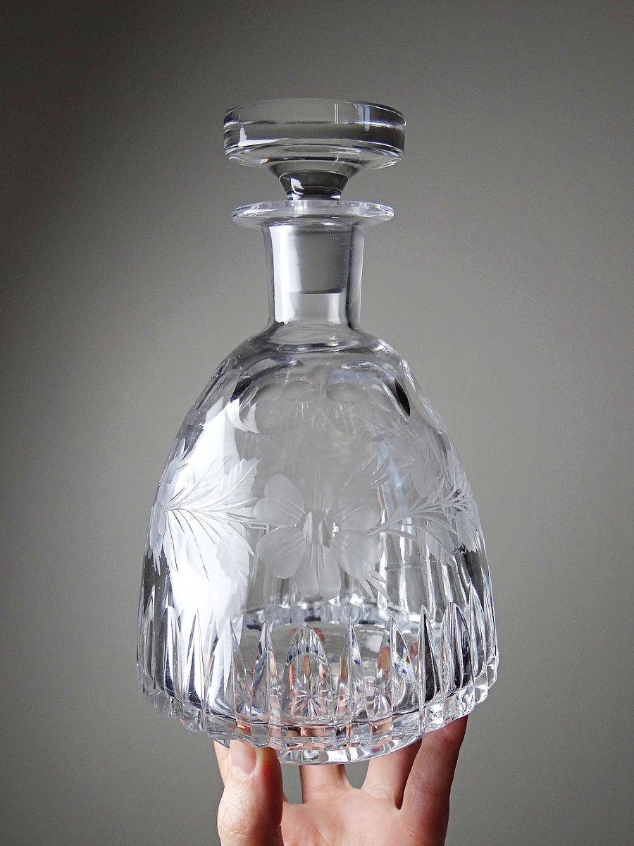 Antique Cut And Chiseled Crystal Decanter With Floral Decoration, Bohemia, 19th-20th Century-photo-3
