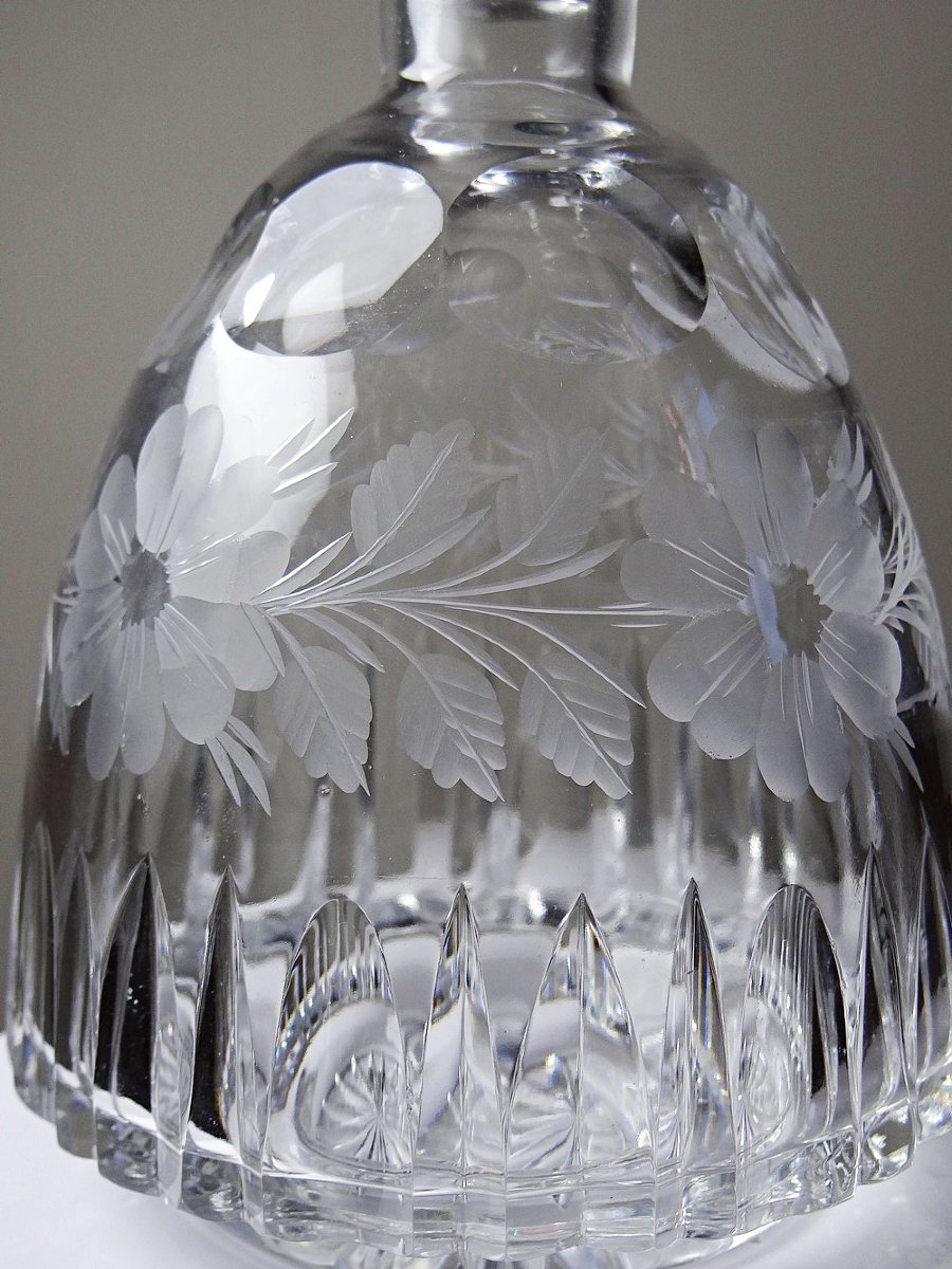 Antique Cut And Chiseled Crystal Decanter With Floral Decoration, Bohemia, 19th-20th Century-photo-4