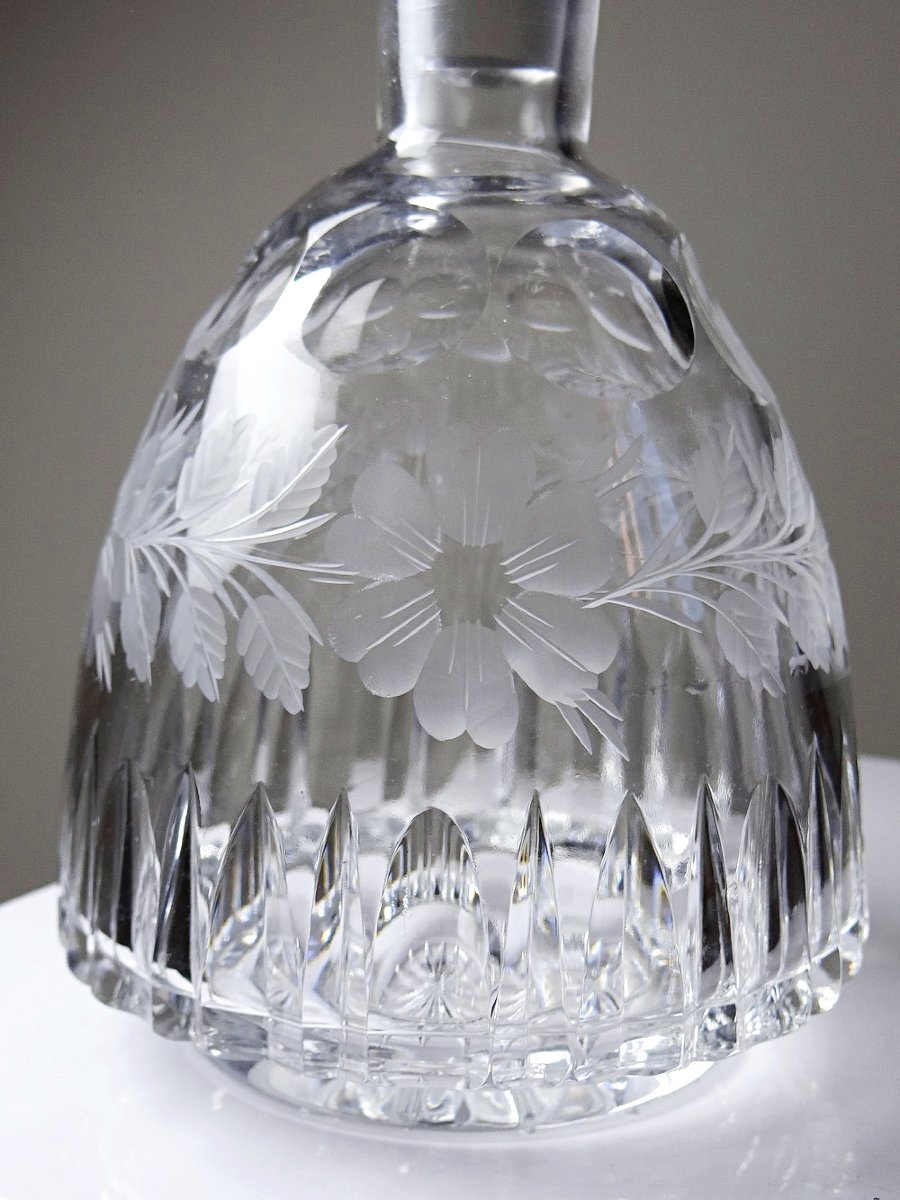 Antique Cut And Chiseled Crystal Decanter With Floral Decoration, Bohemia, 19th-20th Century-photo-1