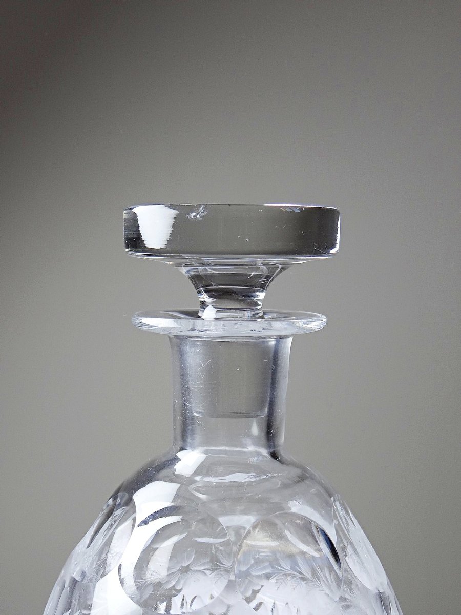 Antique Cut And Chiseled Crystal Decanter With Floral Decoration, Bohemia, 19th-20th Century-photo-2