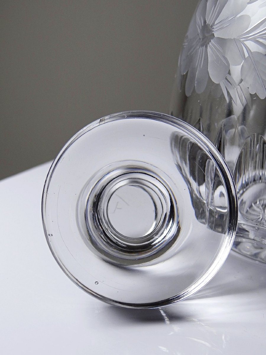 Antique Cut And Chiseled Crystal Decanter With Floral Decoration, Bohemia, 19th-20th Century-photo-3
