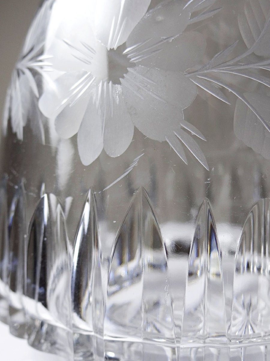 Antique Cut And Chiseled Crystal Decanter With Floral Decoration, Bohemia, 19th-20th Century-photo-4