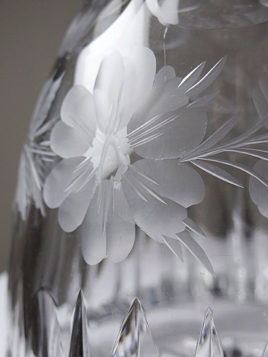 Antique Cut And Chiseled Crystal Decanter With Floral Decoration, Bohemia, 19th-20th Century-photo-5
