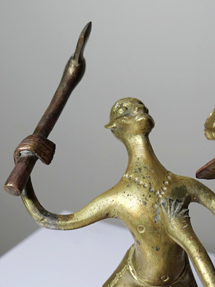 Bronze du Dahomey, Bénin Afrique, vintage/ancien XXe "Le chasseur et la bête"-photo-6