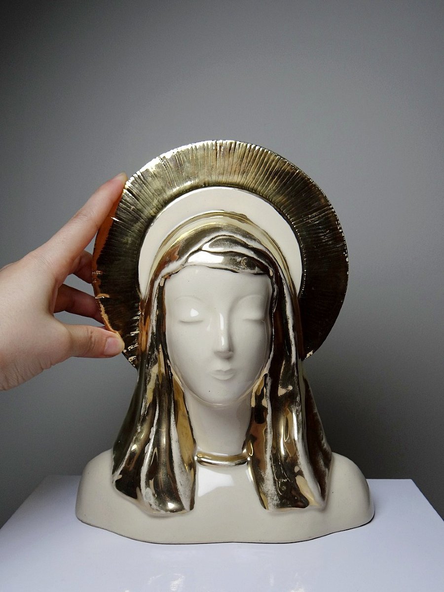 Buste Vierge auréolée céramique émaillée artisanat vintage/ancien-photo-4