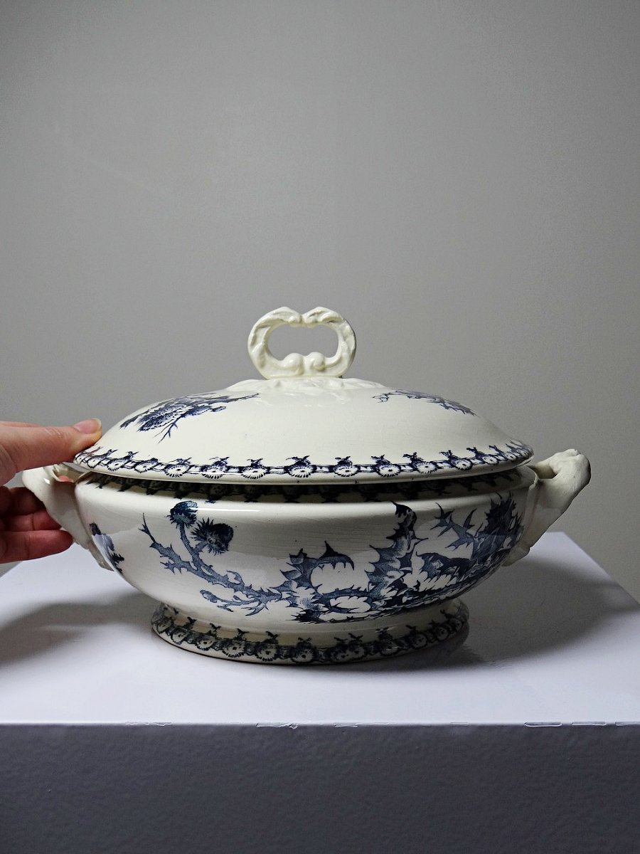 Soupière ancienne 1890-1910 porcelaine opaque terre de fer Gien modèle Chardons-photo-4