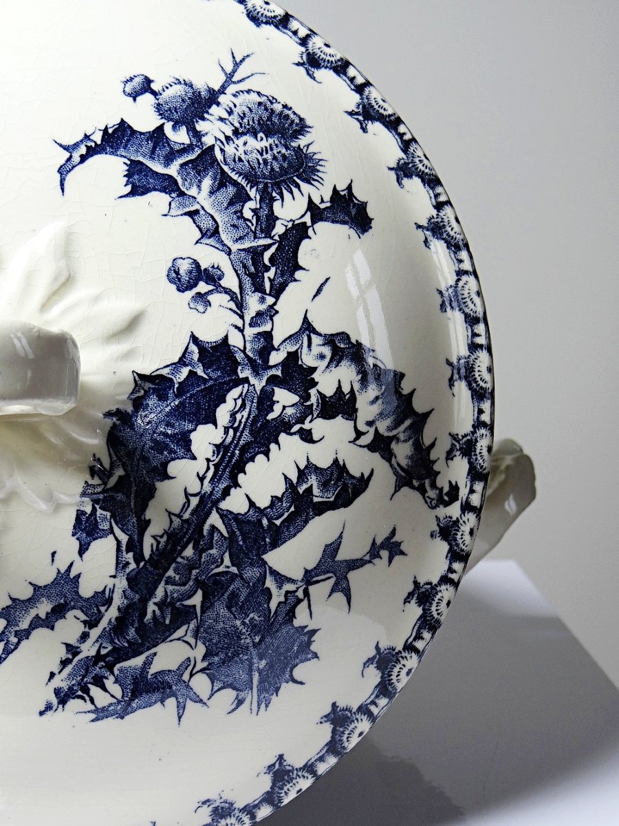 Soupière ancienne 1890-1910 porcelaine opaque terre de fer Gien modèle Chardons-photo-4