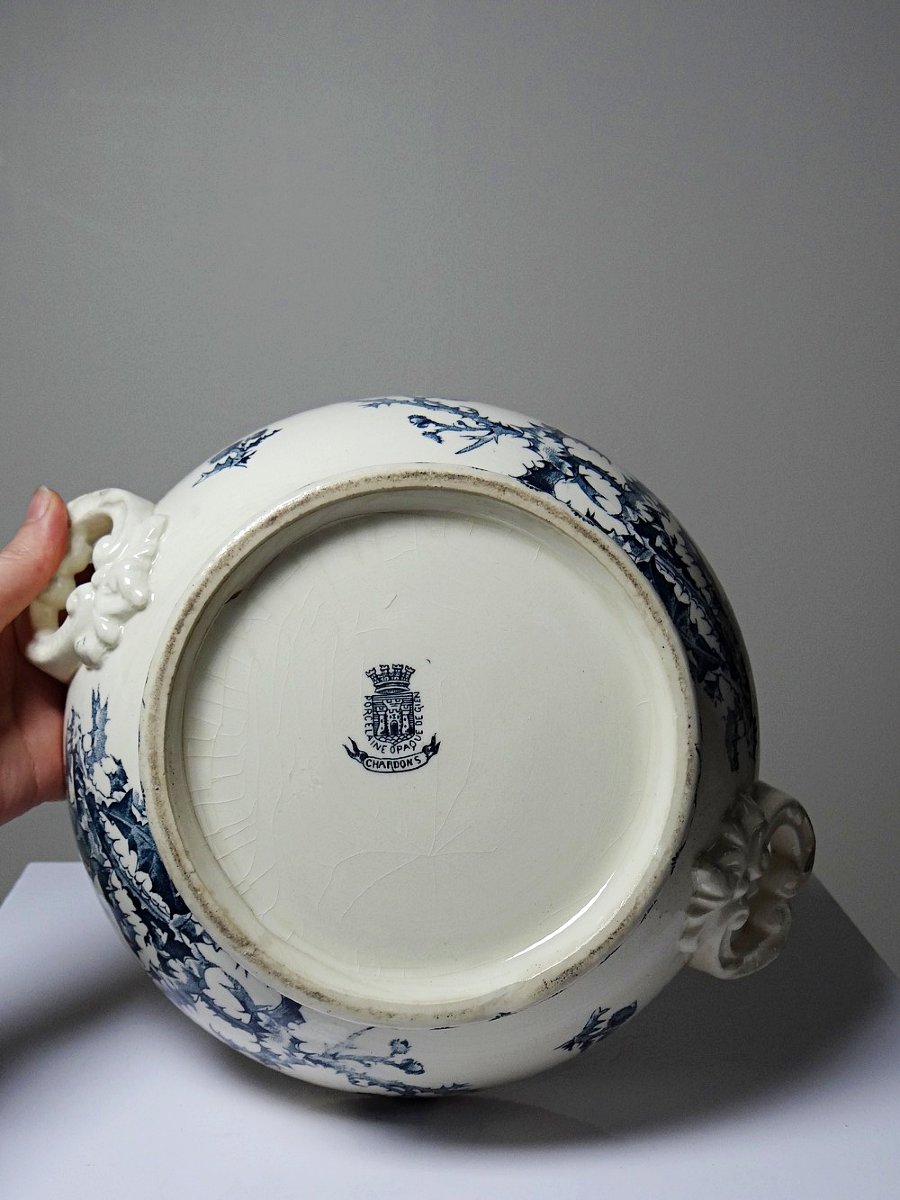 Soupière ancienne 1890-1910 porcelaine opaque terre de fer Gien modèle Chardons-photo-7