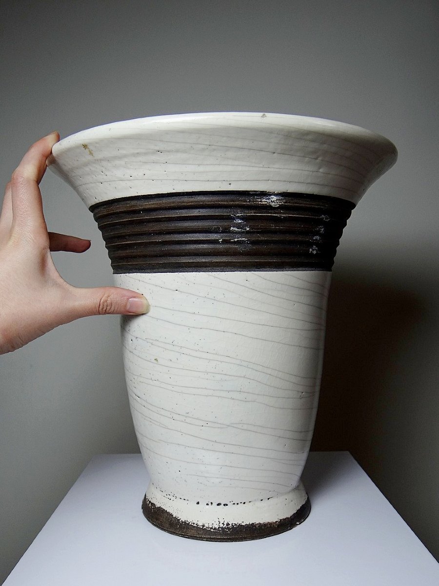 Grande lampe moderne Raku beige et brun Keramos Sèvres - René Hénon [...]-photo-2