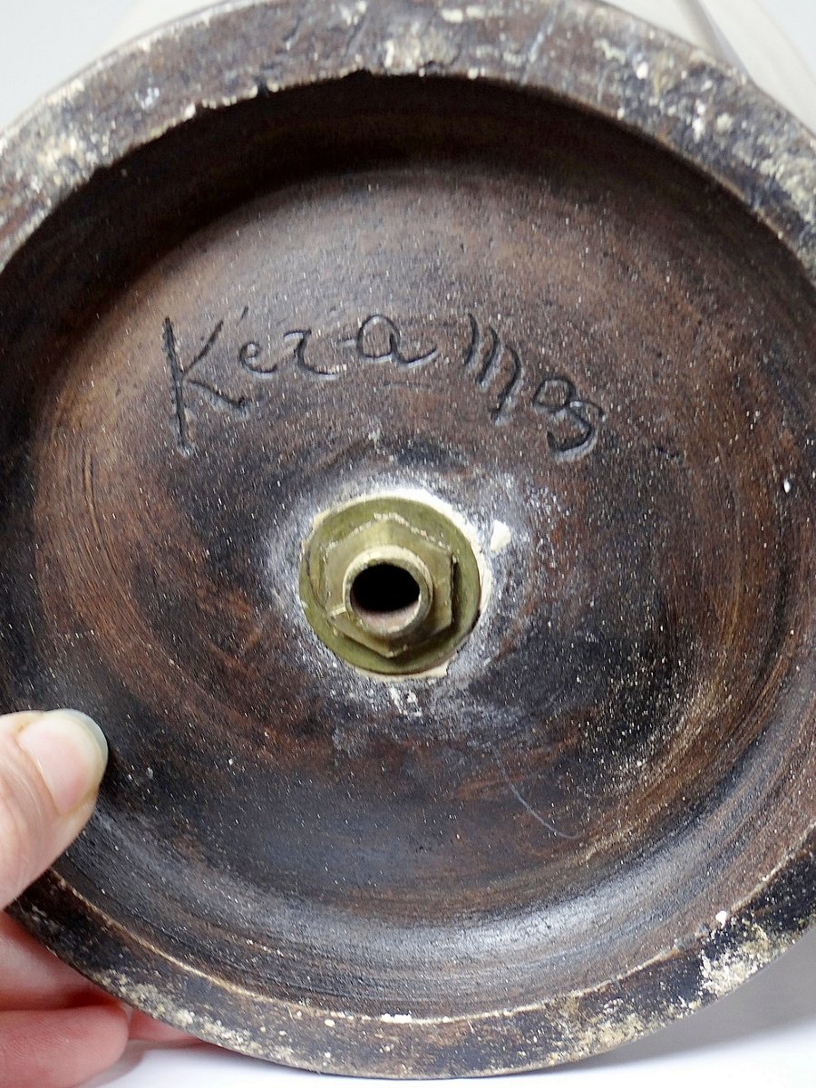 Grande lampe moderne Raku beige et brun Keramos Sèvres - René Hénon [...]-photo-8