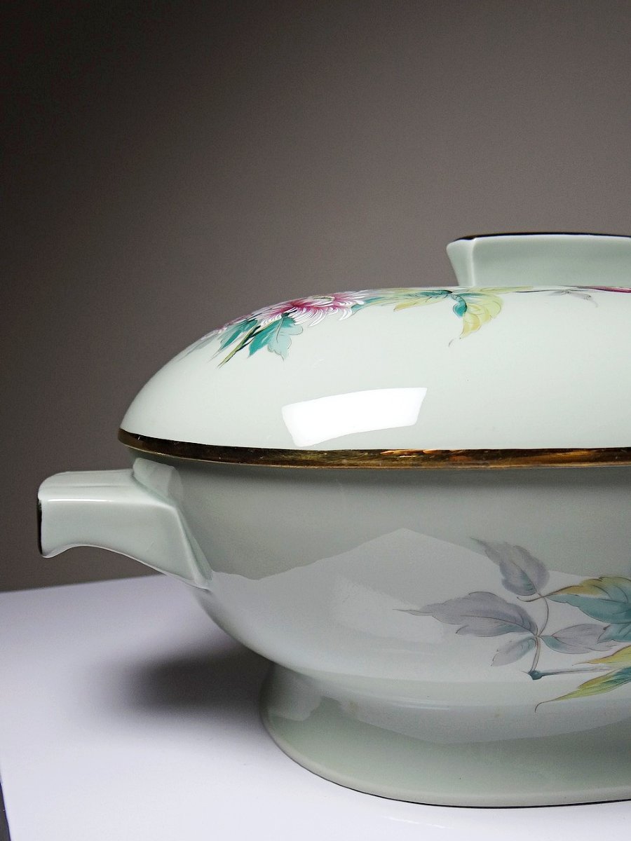 Soupière style art déco décor floral porcelaine Céladon vintage Limoges France-photo-2
