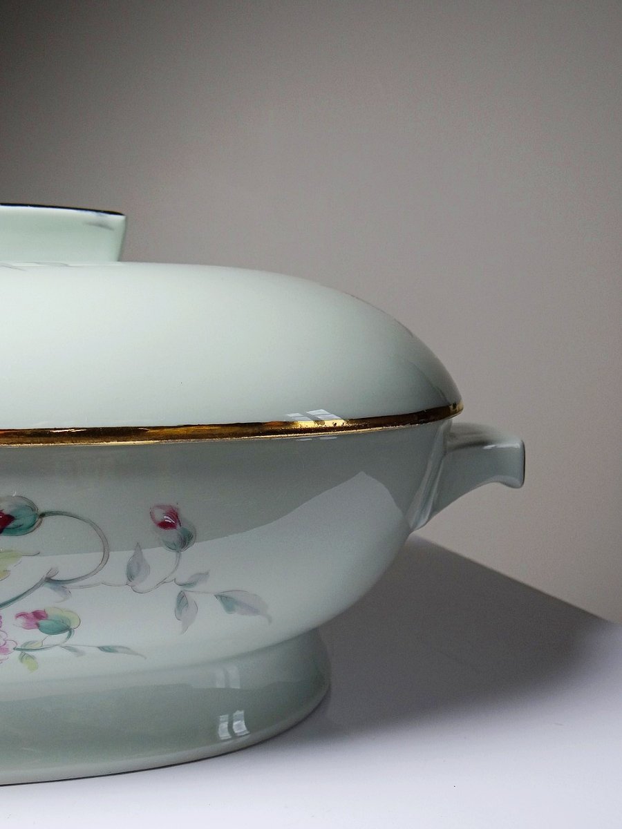 Soupière style art déco décor floral porcelaine Céladon vintage Limoges France-photo-3