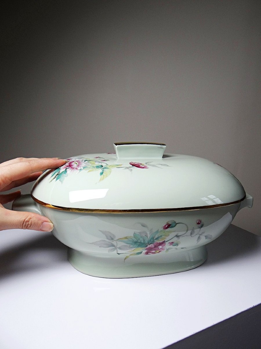 Soupière style art déco décor floral porcelaine Céladon vintage Limoges France-photo-4